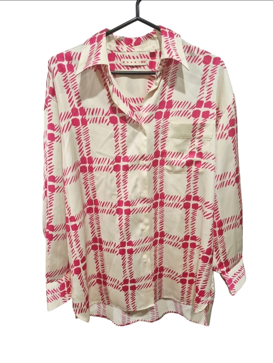 Marni Tops - MARNI x UNIQLO Pink Beige Plaid Satin Oversized Button-Down Blouse